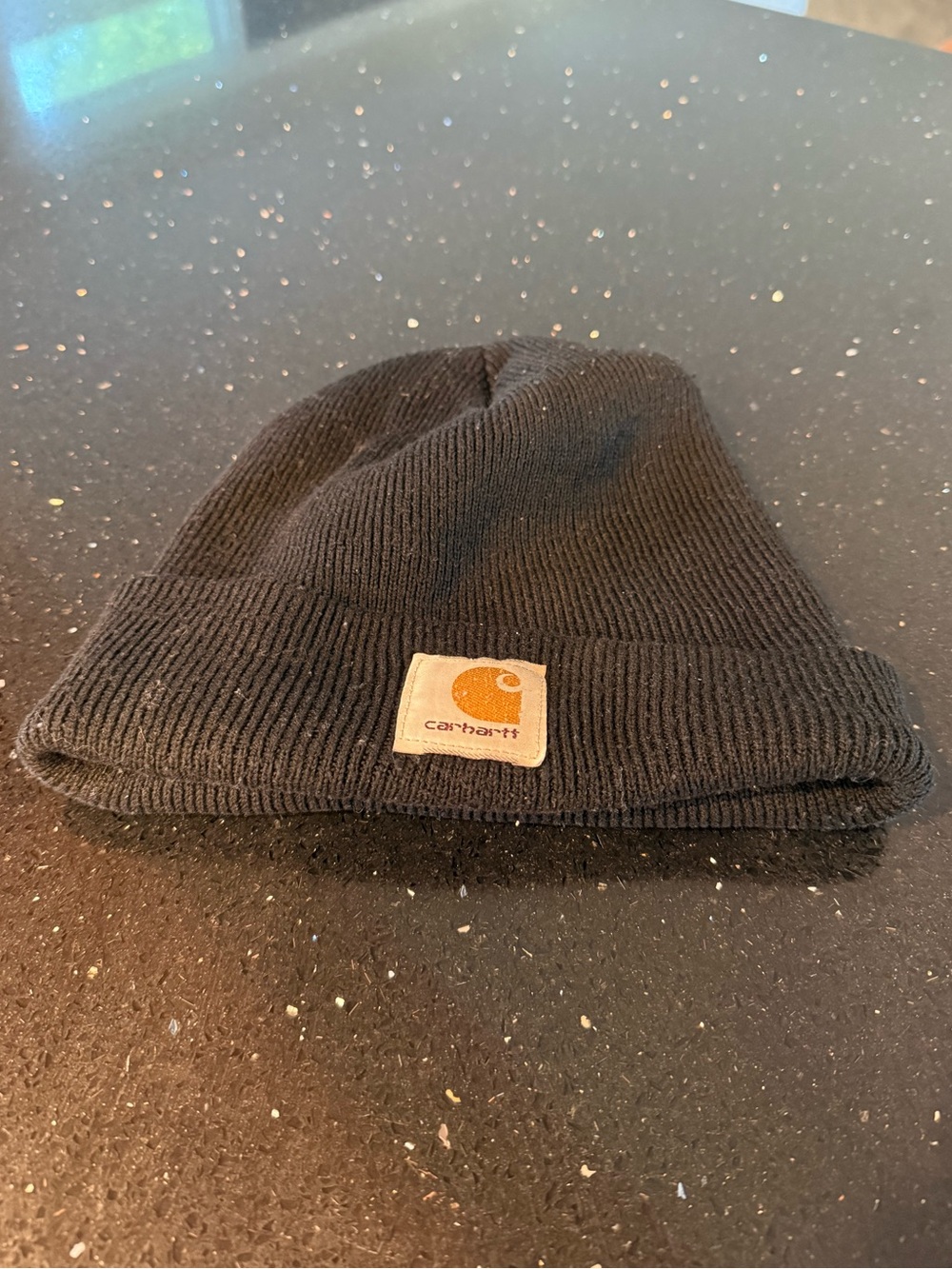 Carhartt Black Cuffed Beanie with Tan Logo Patch